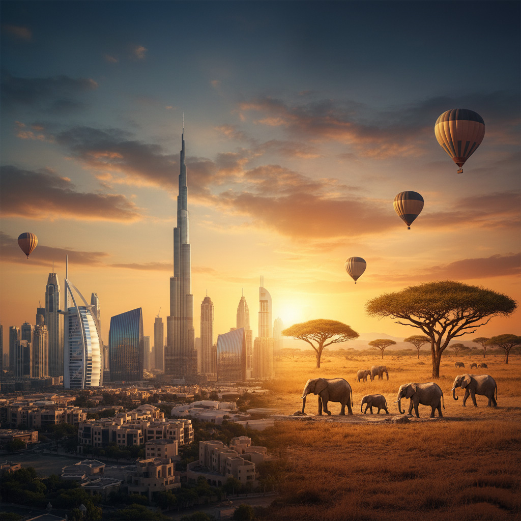 combined view of the Dubai skyline and the African savanna